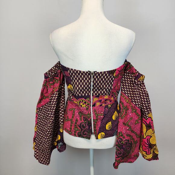 Womens African Ankara Top Size S Flare Sleeve Multicolor Handmade Psychedelic - Picture 3 of 13